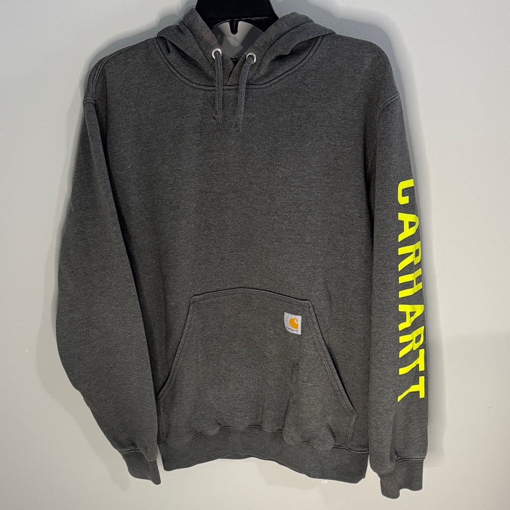 Carhartt Charcoal Hoodie with Neon Yellow Sleeve Logo